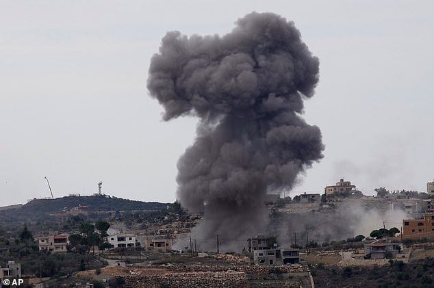 Black smoke rises from an Israeli airstrike on the outskirts of Aita al-Shaab, a Lebanese border village with Israel in south Lebanon, Monday, Nov. 13, 2023 Black smoke rises from an Israeli airstrike on the outskirts of Aita al-Shaab, a Lebanese border village with Israel in south Lebanon, Monday, Nov. 13, 2023