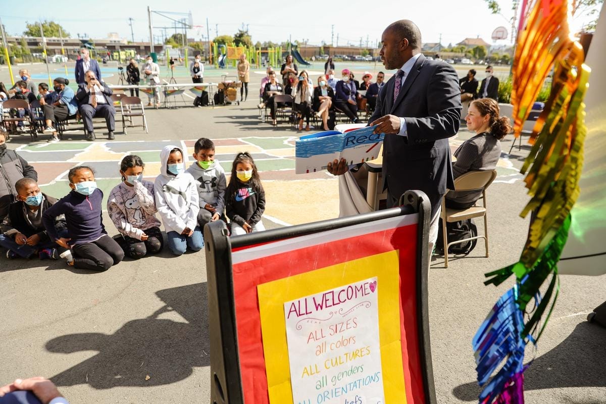 California State Superintendent of Schools Tony Thurmond reads from the book "Red: A Crayon's Story" to 2nd grade students at Nystrom Elementary School in Richmond, Calif., on May 17, 2022. Thurmond celebrated the donation of thousands of LGBT books from Gender Nation to 234 elementary schools in nine California districts. (Justin Sullivan/Getty Images) California State Superintendent of Schools Tony Thurmond reads from the book "Red: A Crayon's Story" to 2nd grade students at Nystrom Elementary School in Richmond, Calif., on May 17, 2022. Thurmond celebrated the donation of thousands of LGBT books from Gender Nation to 234 elementary schools in nine California districts. (Justin Sullivan/Getty Images)