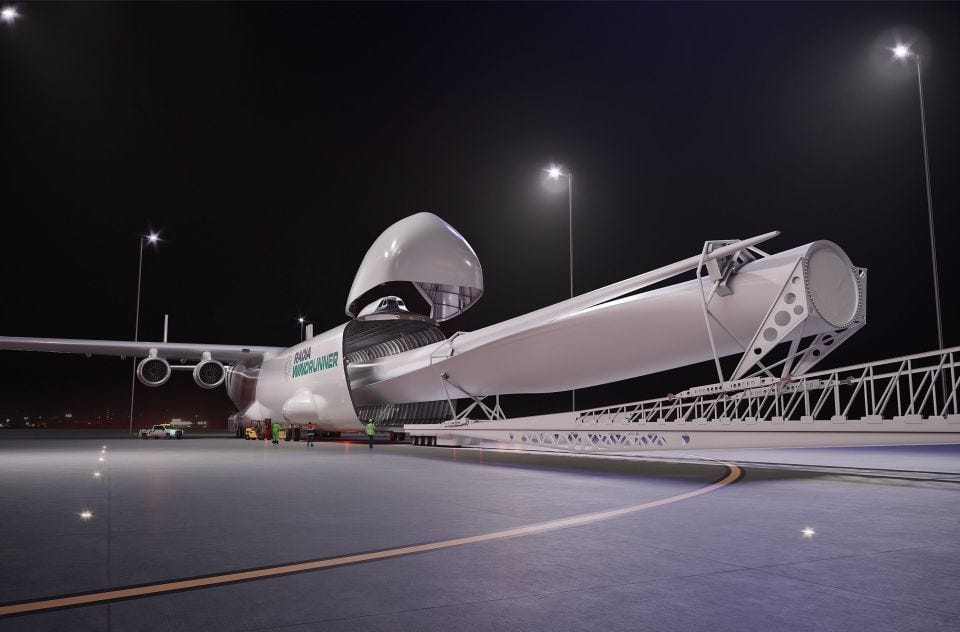 Illustration of a large cargo plane loading a wind turbine blade at night. Illustration of a large cargo plane loading a wind turbine blade at night.
