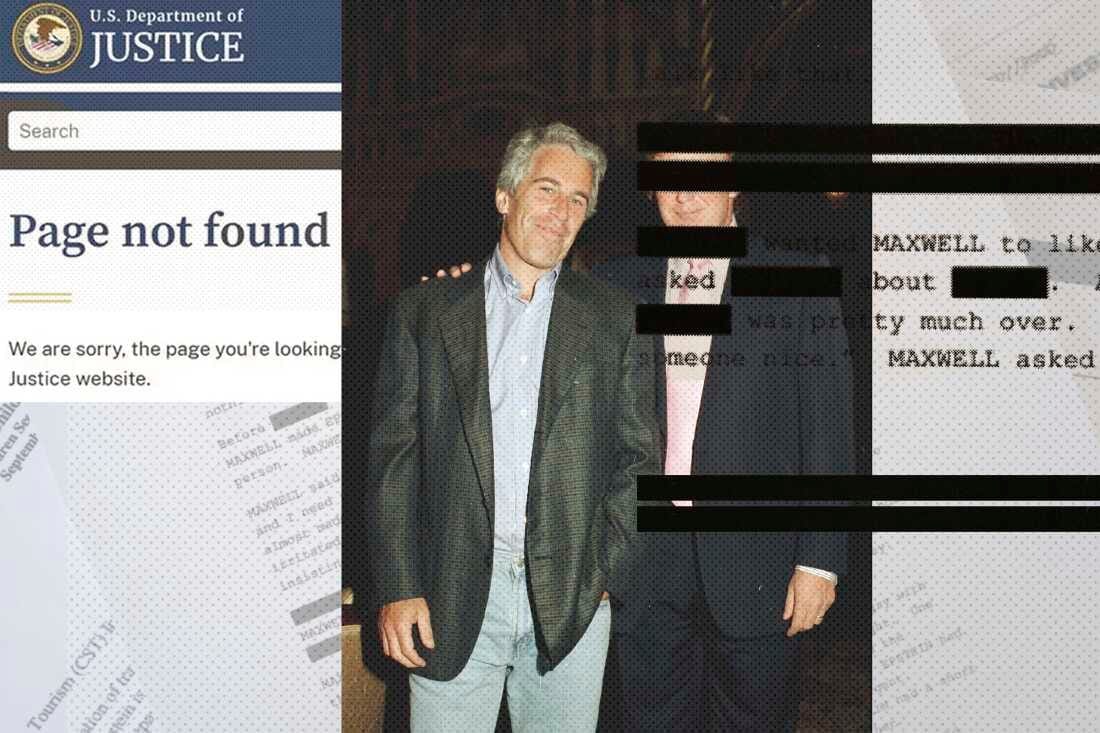 This collage shows a photo of Jeffrey Epstein standing with Donald Trump along with a heavily redacted Epstein file and a screenshot of the Justice Department website saying: "Page not found." This collage shows a photo of Jeffrey Epstein standing with Donald Trump along with a heavily redacted Epstein file and a screenshot of the Justice Department website saying: "Page not found."