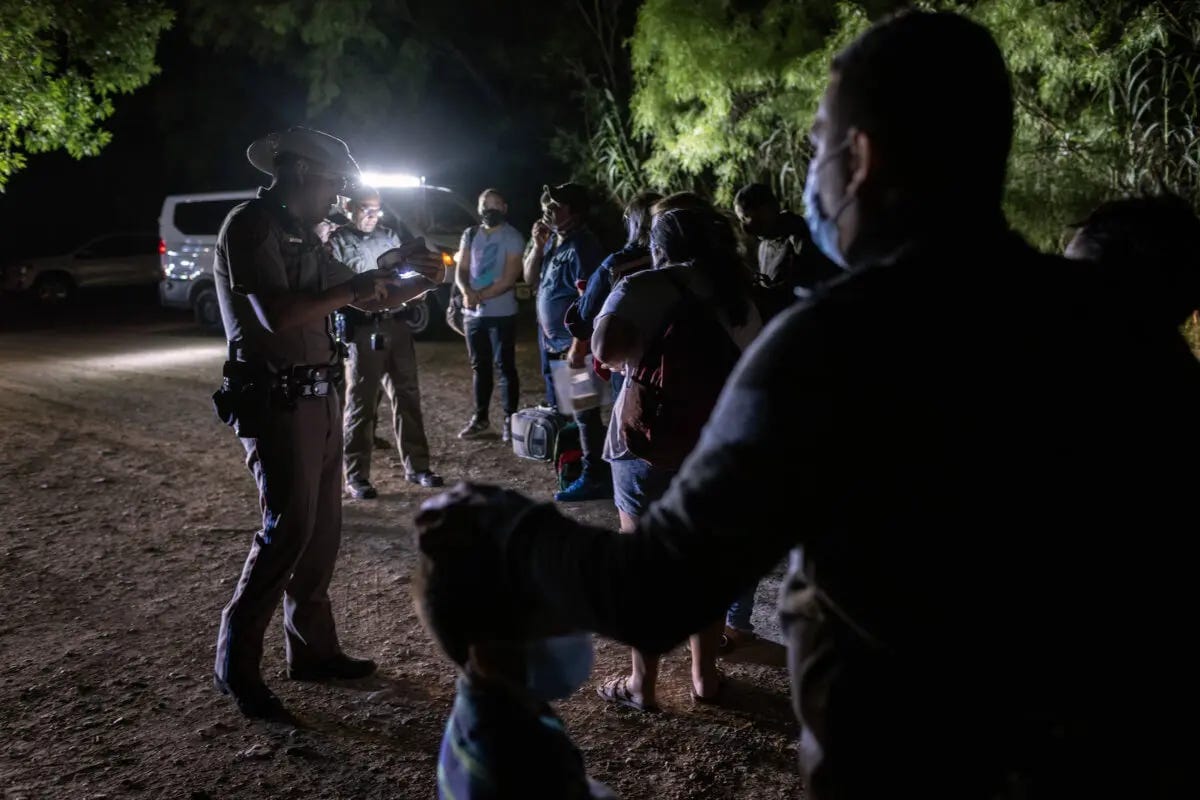 Illegal immigrants from Venezuela turn themselves in to Texas state troopers after crossing the border from Mexico into Del Rio, Texas, on May 18, 2021. (John Moore/Getty Images) Illegal immigrants from Venezuela turn themselves in to Texas state troopers after crossing the border from Mexico into Del Rio, Texas, on May 18, 2021. (John Moore/Getty Images)