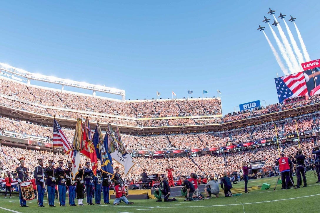 The Blue Angels, the Navy’s flight demonstration squadron, perform a flyover concluding the opening ceremony of Super Bowl 50 at Levi's Stadium in Santa Clara, Calif., Feb. 7, 2016. A joint armed forces choir performed during the ceremony and a joint armed forces color guard presented the colors. Army photo by Spc. Brandon C. Dyer The Blue Angels, the Navy’s flight demonstration squadron, perform a flyover concluding the opening ceremony of Super Bowl 50 at Levi's Stadium in Santa Clara, Calif., Feb. 7, 2016. A joint armed forces choir performed during the ceremony and a joint armed forces color guard presented the colors. Army photo by Spc. Brandon C. Dyer