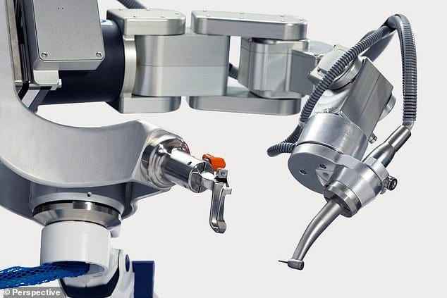 The AI robot (pictured) conducted the crown replacement procedure in just 15 minutes, compared with two hours for a human specialist The AI robot (pictured) conducted the crown replacement procedure in just 15 minutes, compared with two hours for a human specialist