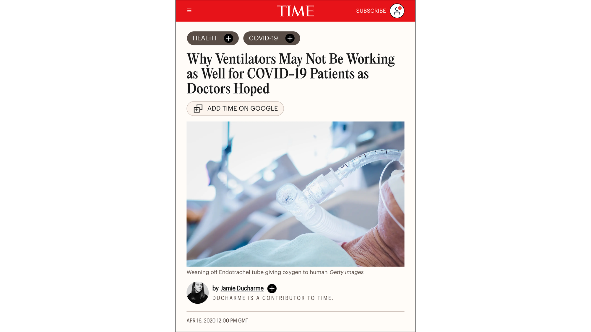 Why Ventilators May Not Be Working as Well for COVID-19 Patients as Doctors Hoped (TIME, 16 April 2020) Why Ventilators May Not Be Working as Well for COVID-19 Patients as Doctors Hoped (TIME, 16 April 2020)