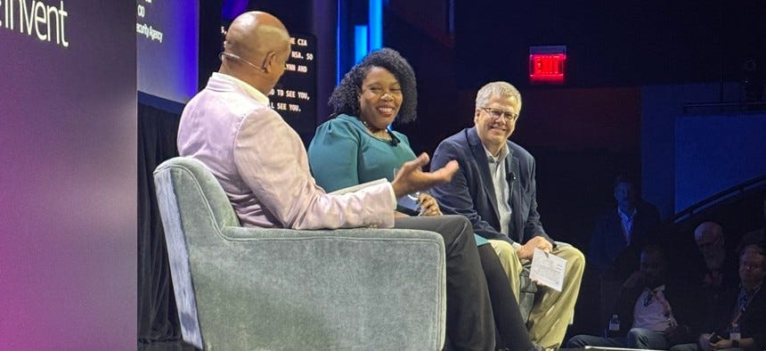 AWS Vice President of Worldwide Public Sector Dave Levy (L), CIA CIO La'Naia Jones and NSA CIO Scott Fear discuss the intelligence community's journey to cloud at the AWS re:Invent event in Las Vegas. AWS Vice President of Worldwide Public Sector Dave Levy (L), CIA CIO La'Naia Jones and NSA CIO Scott Fear discuss the intelligence community's journey to cloud at the AWS re:Invent event in Las Vegas.