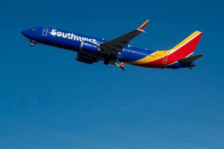 A Southwest Airlines Boeing 737 MAX 8 jet takes departs from San Diego International Airport en route to Denver on January 13, 2024 in San Diego, California. A Southwest Airlines Boeing 737 MAX 8 jet takes departs from San Diego International Airport en route to Denver on January 13, 2024 in San Diego, California.