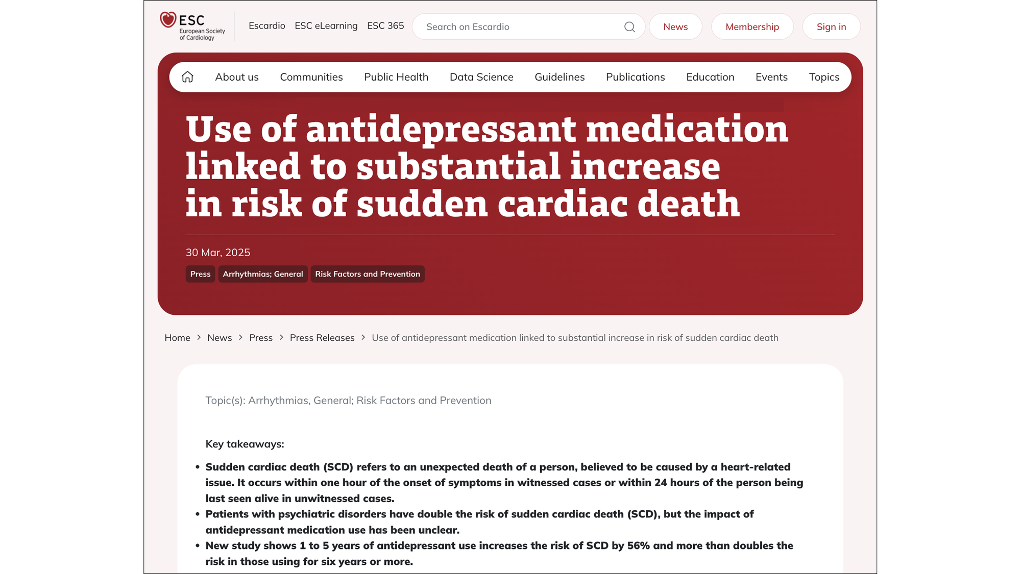 Use of antidepressant medication linked to substantial increase in risk of sudden cardiac death (European Society of Cardiology, 2025) Use of antidepressant medication linked to substantial increase in risk of sudden cardiac death (European Society of Cardiology, 2025)