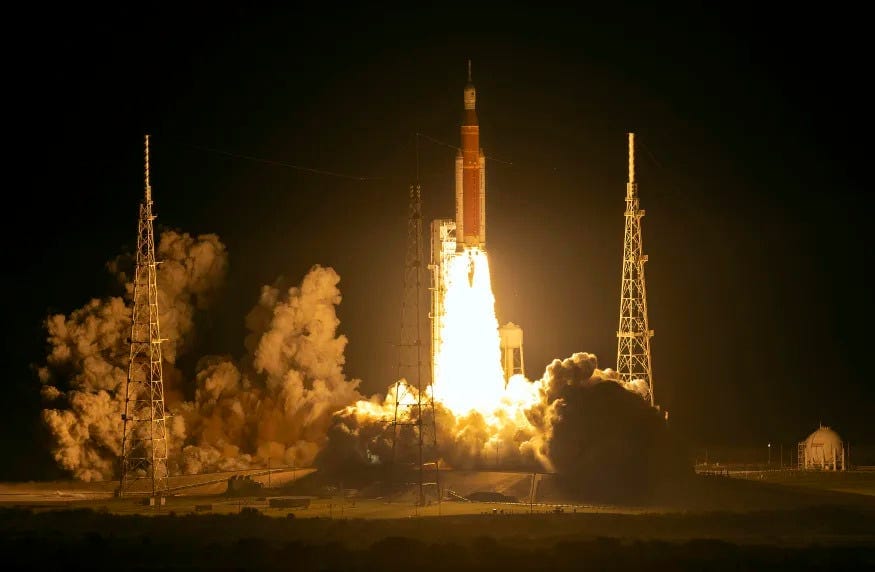 CAPE CANAVERAL, FLORIDA - NOVEMBER 16: NASA’s Artemis I Space Launch System (SLS) rocket, with the Orion capsule attached, launches at NASA's Kennedy Space Center on November 16, 2022 in Cape Canaveral, Florida. The Artemis I mission will send the uncrewed spacecraft around the moon to test the vehicle's propulsion, navigation and power systems as a precursor to later crewed mission to the lunar surface. (Photo by Kevin Dietsch/Getty Images) CAPE CANAVERAL, FLORIDA - NOVEMBER 16: NASA’s Artemis I Space Launch System (SLS) rocket, with the Orion capsule attached, launches at NASA's Kennedy Space Center on November 16, 2022 in Cape Canaveral, Florida. The Artemis I mission will send the uncrewed spacecraft around the moon to test the vehicle's propulsion, navigation and power systems as a precursor to later crewed mission to the lunar surface. (Photo by Kevin Dietsch/Getty Images)