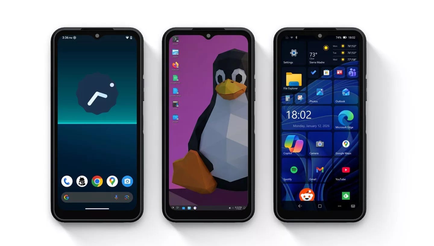 NexPhone running its three modes: Android for daily phone use, Linux for desktop tools, and Windows for full PC workflows NexPhone running its three modes: Android for daily phone use, Linux for desktop tools, and Windows for full PC workflows