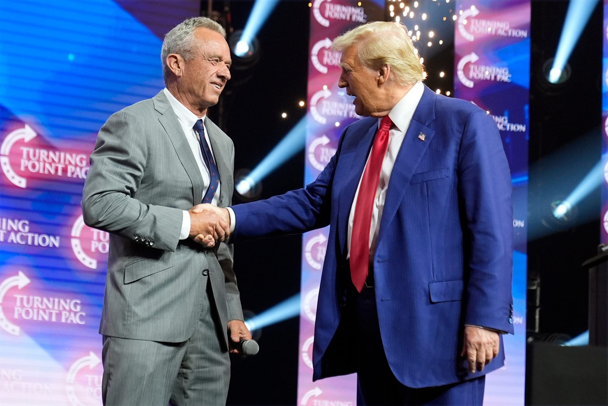 Republican presidential nominee former President Donald Trump greets Robert F. Kennedy Jr., at a Turning Point Action campaign rally last October in Duluth, Georgia Republican presidential nominee former President Donald Trump greets Robert F. Kennedy Jr., at a Turning Point Action campaign rally last October in Duluth, Georgia