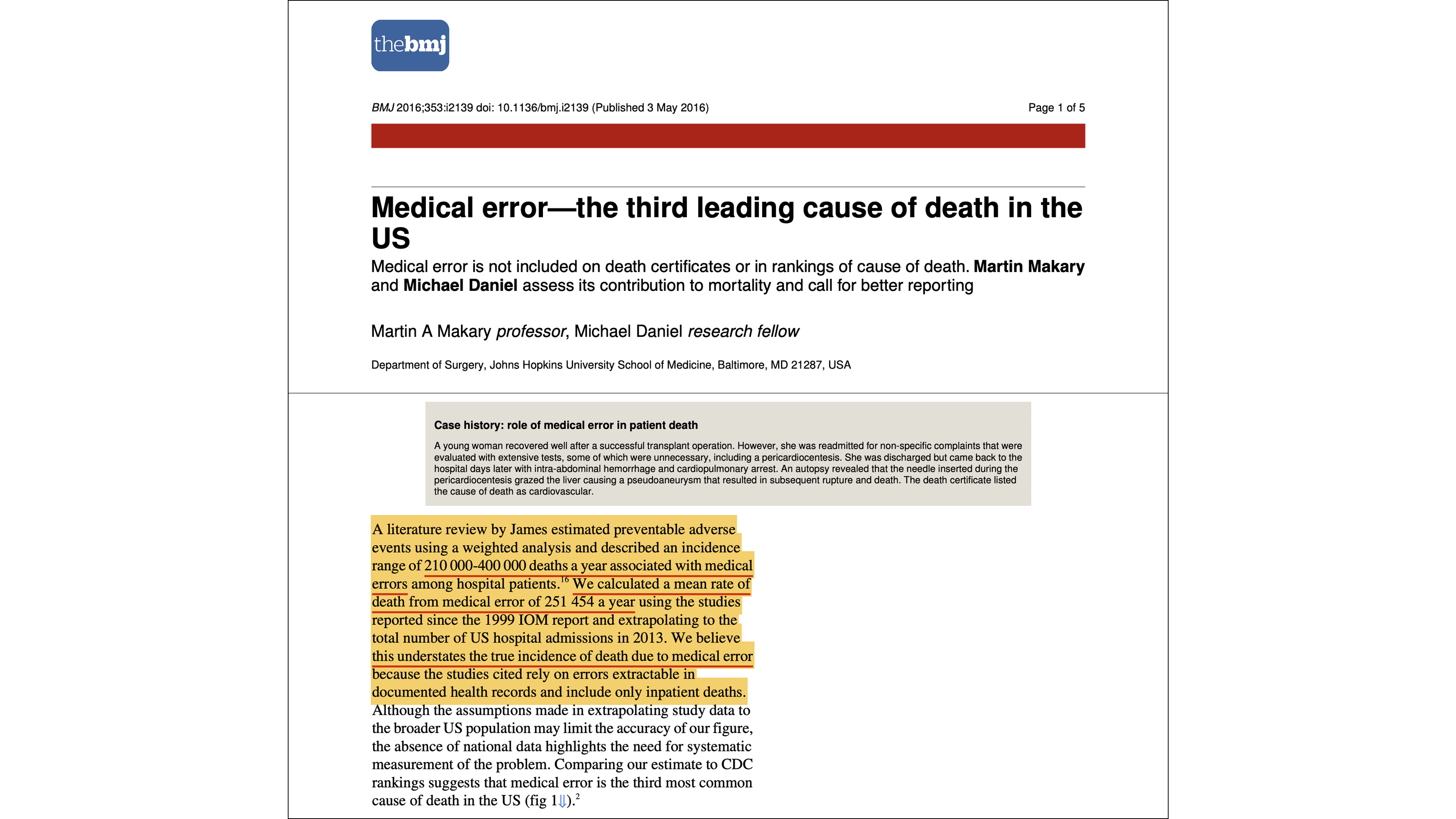 Medical error—the third leading cause of death in the US (Makary and Daniel, 2016) Medical error—the third leading cause of death in the US (Makary and Daniel, 2016)