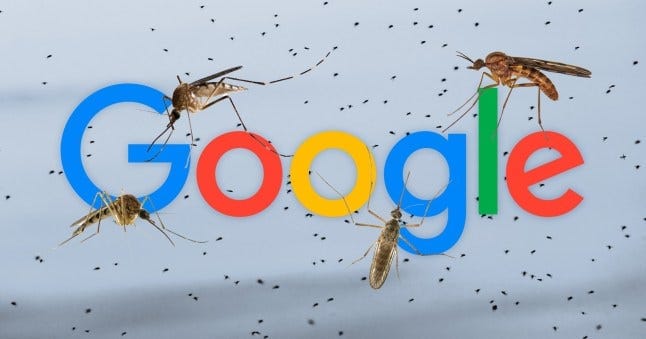 The Google logo surrounded by mosquitoes. The Google logo surrounded by mosquitoes.
