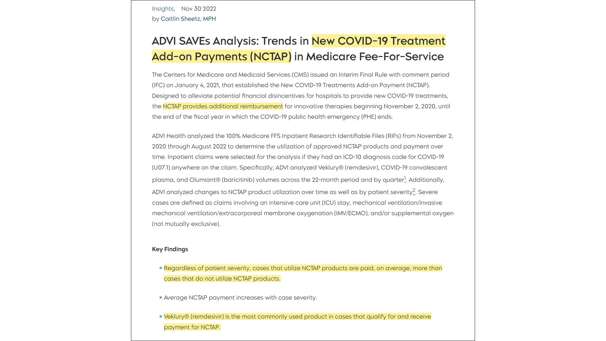 Trends in New COVID-19 Treatment Add-on Payments (NCTAP) in Medicare Fee-For-Service (ADVI, 30 November 2022) Trends in New COVID-19 Treatment Add-on Payments (NCTAP) in Medicare Fee-For-Service (ADVI, 30 November 2022)