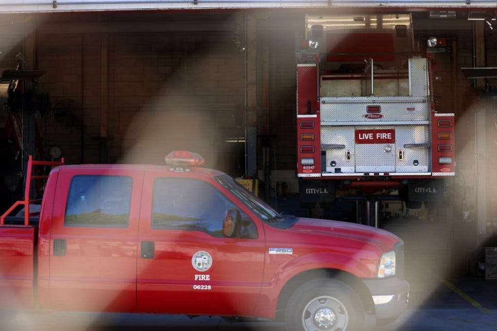 Fire fighting trucks awaiting repair at the Los Angeles facility Fire fighting trucks awaiting repair at the Los Angeles facility
