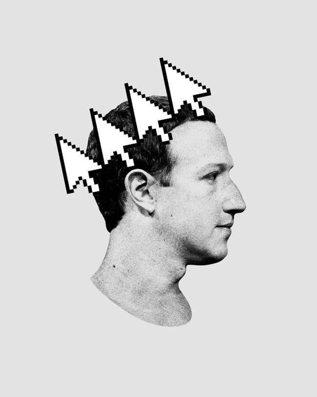 A photo-illustration of Mark Zuckerberg in profile wearing a crown of cursor arrows A photo-illustration of Mark Zuckerberg in profile wearing a crown of cursor arrows