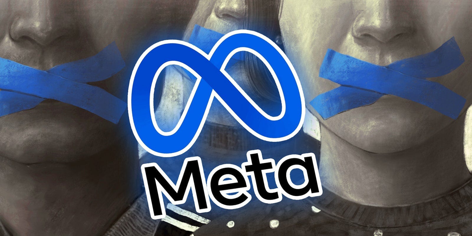 Illustration of mouths covered with tape and the meta logo floating over it Illustration of mouths covered with tape and the meta logo floating over it