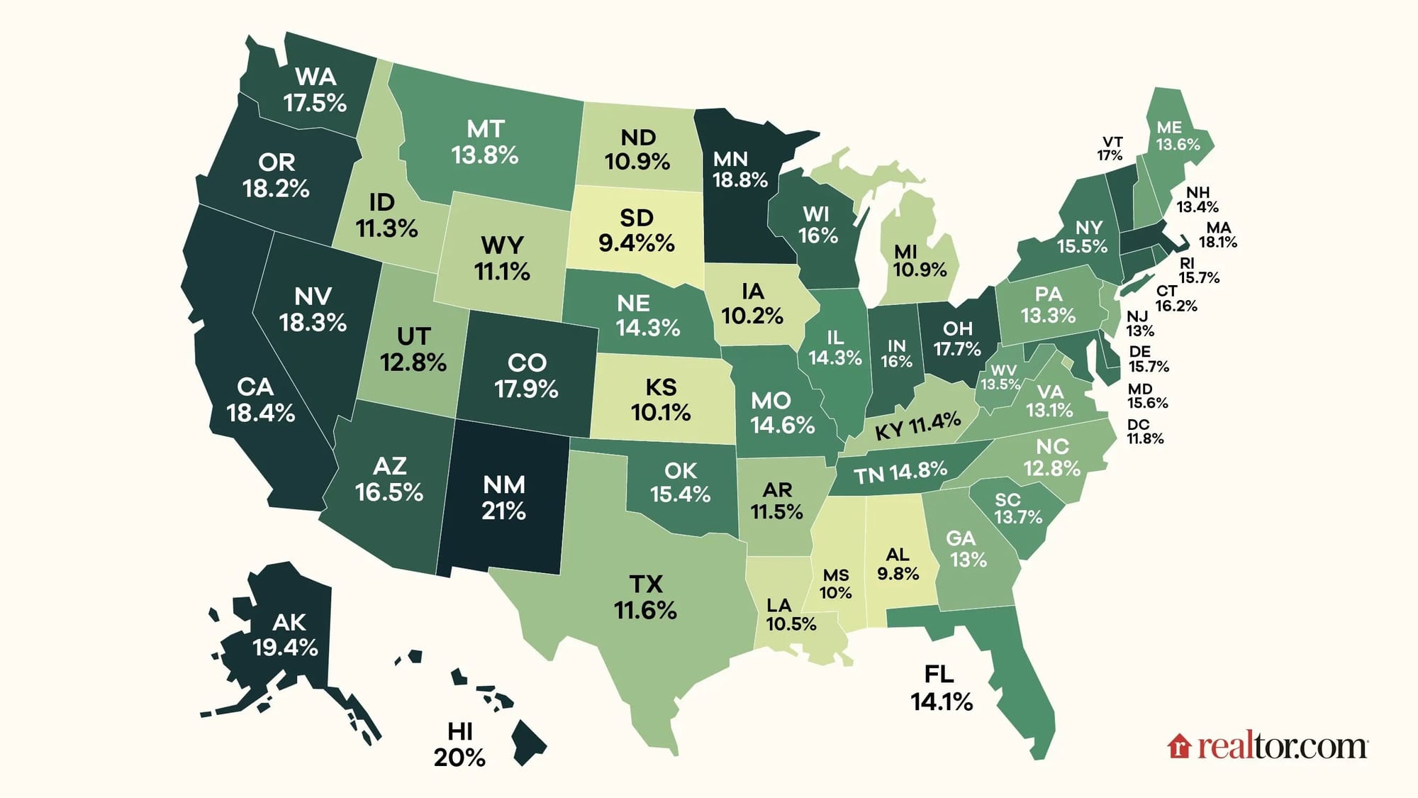 Map showing gradient map of the united states with percentages for each state representing child care costs as share of median family income. Map showing gradient map of the united states with percentages for each state representing child care costs as share of median family income.