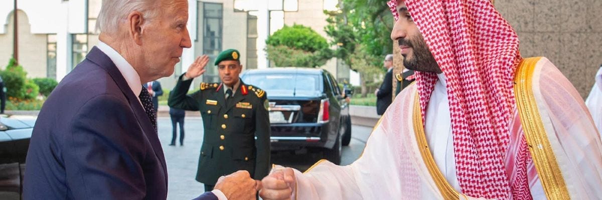 U.S. President Joe Biden greets Saudi Crown Prince Mohammed bin Salman with a fist-bump at the Al Salam Royal Palace in Jeddah, Saudi Arabia on July 15, 2022. U.S. President Joe Biden greets Saudi Crown Prince Mohammed bin Salman with a fist-bump at the Al Salam Royal Palace in Jeddah, Saudi Arabia on July 15, 2022.