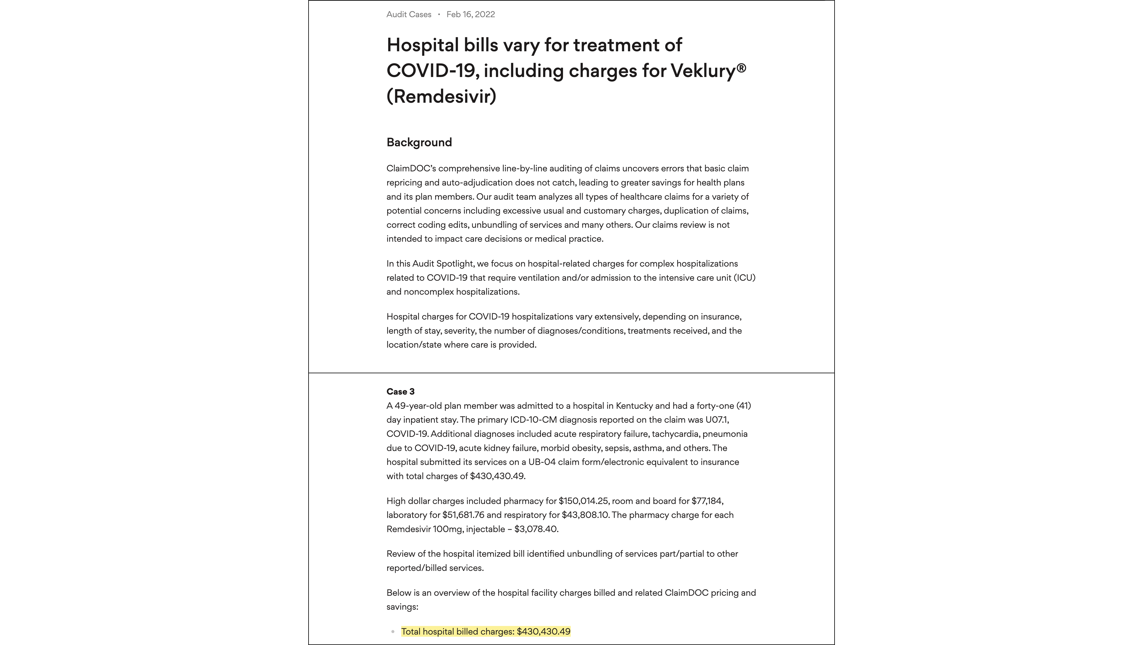 Hospital bills vary for treatment of COVID-19, including charges for Veklury® (Remdesivir) (16 February 2022, ClaimDOC) Hospital bills vary for treatment of COVID-19, including charges for Veklury® (Remdesivir) (16 February 2022, ClaimDOC)