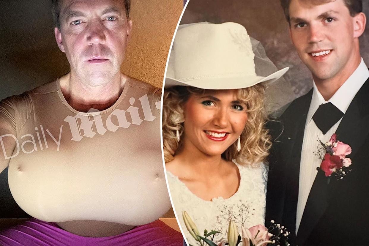 Collage of Bryon Noem wearing a beige top with fake breasts and a wedding photo of him with his wife. Collage of Bryon Noem wearing a beige top with fake breasts and a wedding photo of him with his wife.