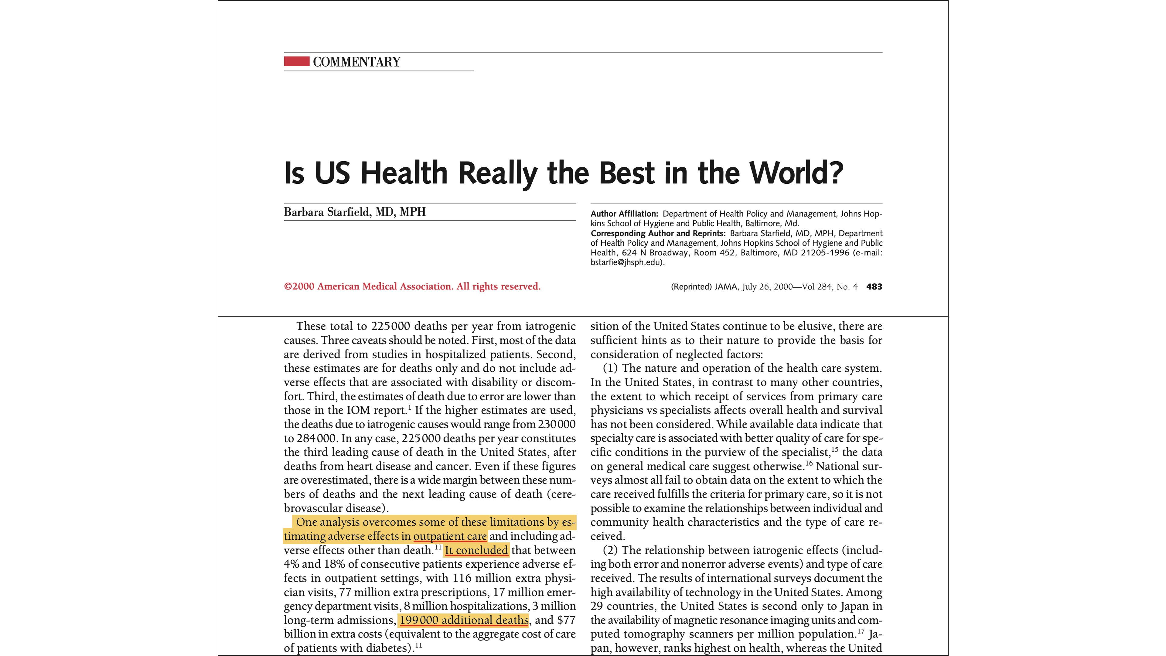 Is US Health Really the Best in the World? (Starfield, 2000) Is US Health Really the Best in the World? (Starfield, 2000)