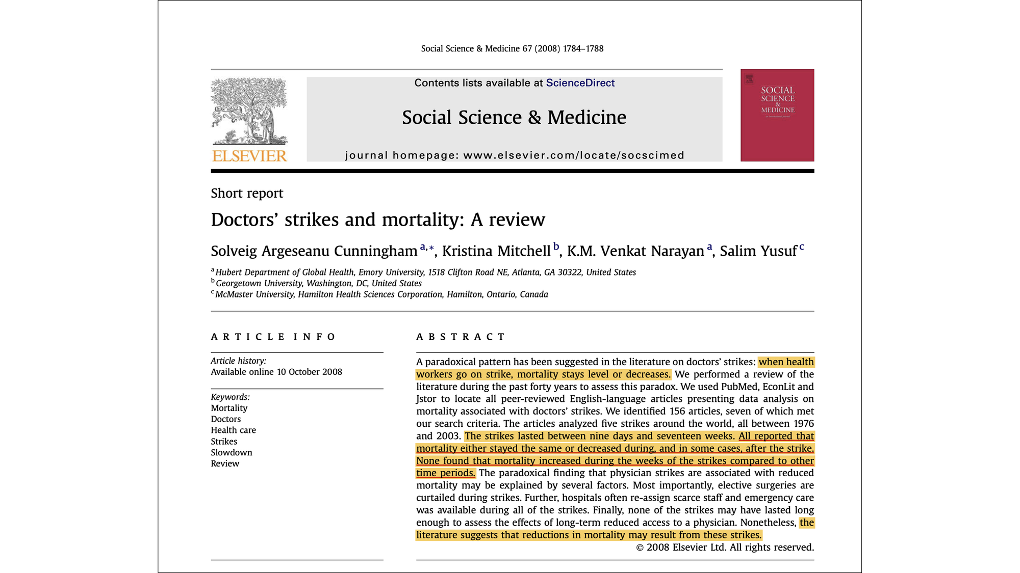 Doctors’ strikes and mortality: a review (Cunningham et al., 2008) Doctors’ strikes and mortality: a review (Cunningham et al., 2008)