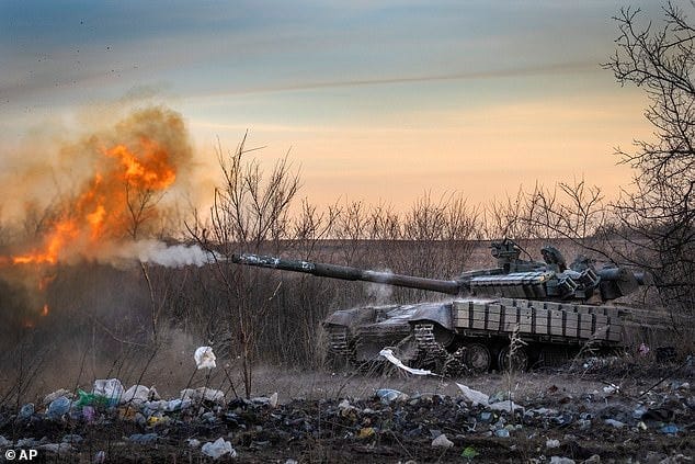 A Ukrainian tank of the 17th tank brigade fires at the Russian positions in Chasiv Yar, Feb 29 A Ukrainian tank of the 17th tank brigade fires at the Russian positions in Chasiv Yar, Feb 29