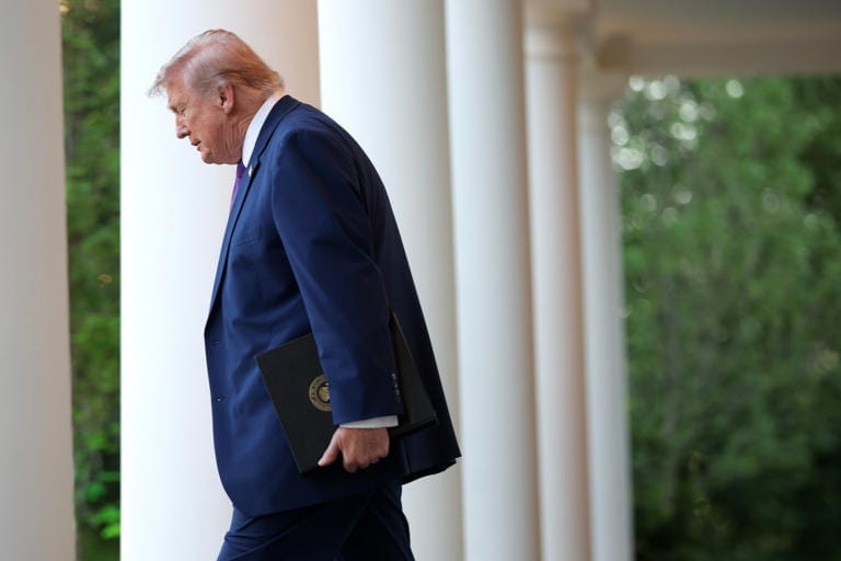 U.S. President Donald Trump arrives for a 'Rose Garden Club' dinner for National Police Week in the Rose Garden at the White House on May 11, 2026 in Washington, DC. U.S. President Donald Trump arrives for a 'Rose Garden Club' dinner for National Police Week in the Rose Garden at the White House on May 11, 2026 in Washington, DC.