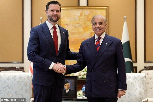 Vice President JD Vance and Pakistan's Prime Minister Shehbaz Sharif pose on the day of a meeting for talks about Iran, in Islamabad, Pakistan Vice President JD Vance and Pakistan's Prime Minister Shehbaz Sharif pose on the day of a meeting for talks about Iran, in Islamabad, Pakistan