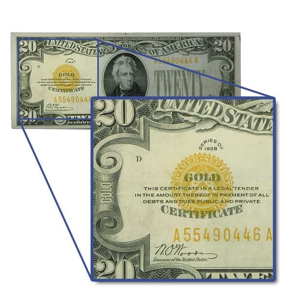 $20 U.S. Gold Certificate Note (Fine to Very Fine), 1928 $20 U.S. Gold Certificate Note (Fine to Very Fine), 1928
