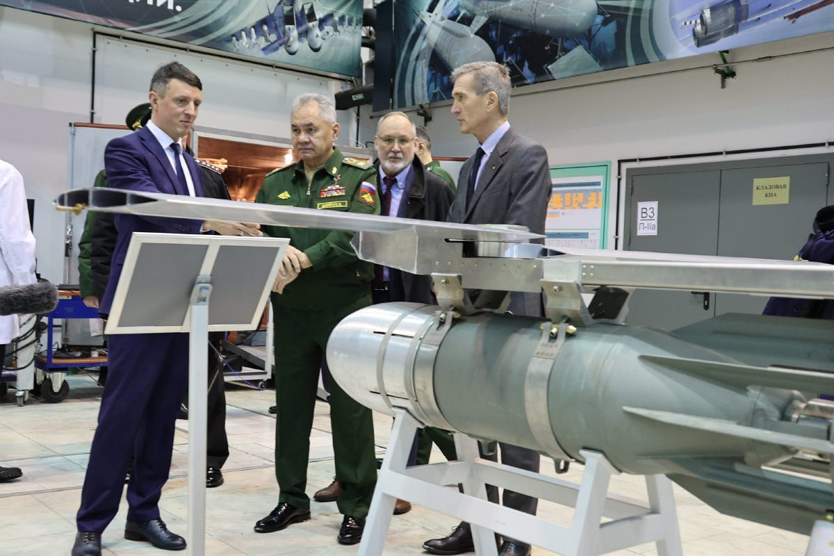 Photo: Russian defense minister Sergei Shoigu inspects a Russian glide bomb during a review of fulfillment of state defense order in Moscow region. Credit: Russian Ministry of Defence. Photo: Russian defense minister Sergei Shoigu inspects a Russian glide bomb during a review of fulfillment of state defense order in Moscow region. Credit: Russian Ministry of Defence.