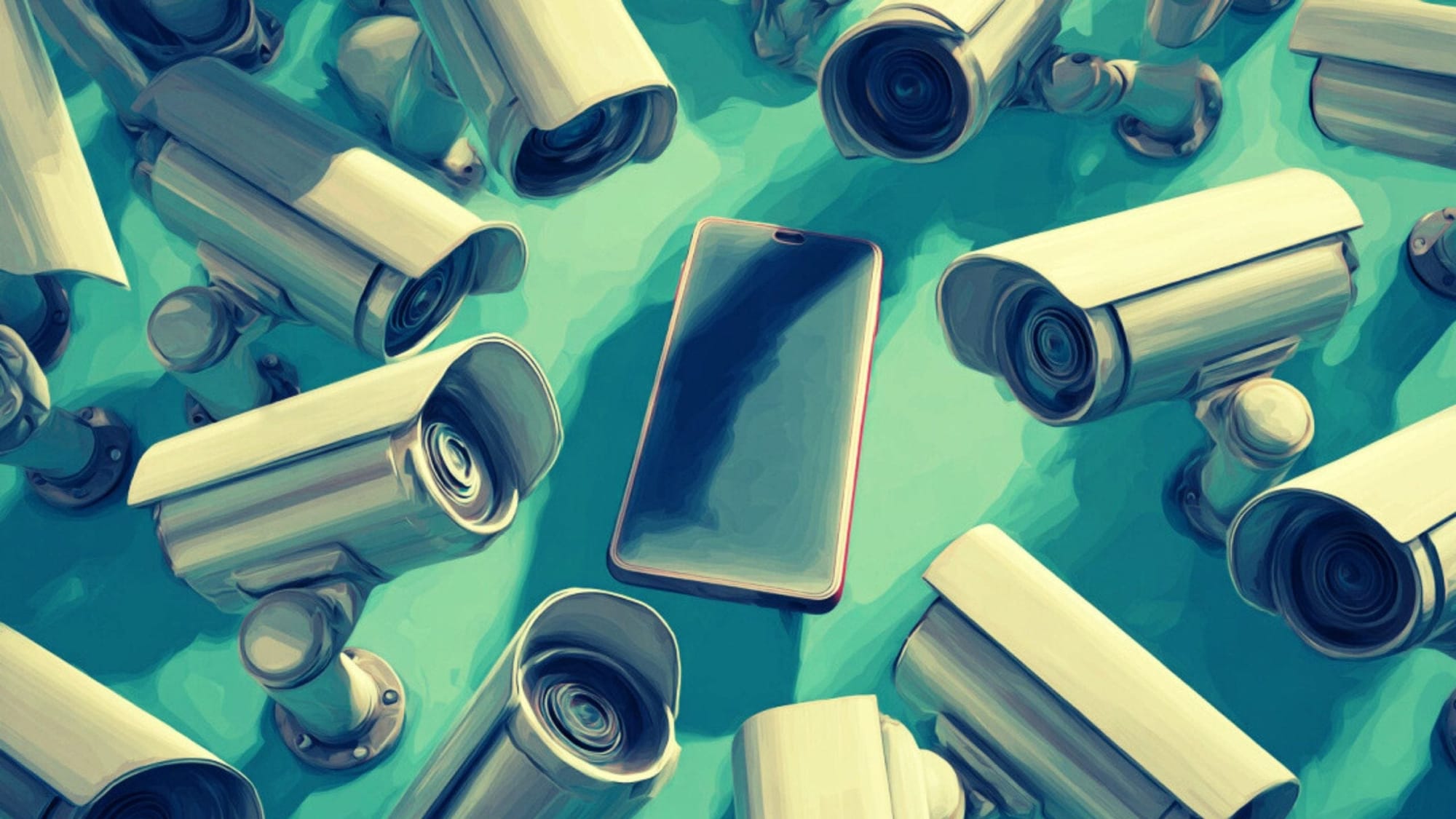 A smartphone lies at the center, surrounded by multiple CCTV security cameras all aimed at it on a teal background. A smartphone lies at the center, surrounded by multiple CCTV security cameras all aimed at it on a teal background.