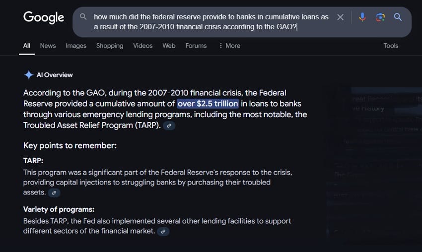 We Asked Google's Gemini How Much the Fed Loaned in Emergency Bailouts to Banks from 2007 to 2010 We Asked Google's Gemini How Much the Fed Loaned in Emergency Bailouts to Banks from 2007 to 2010