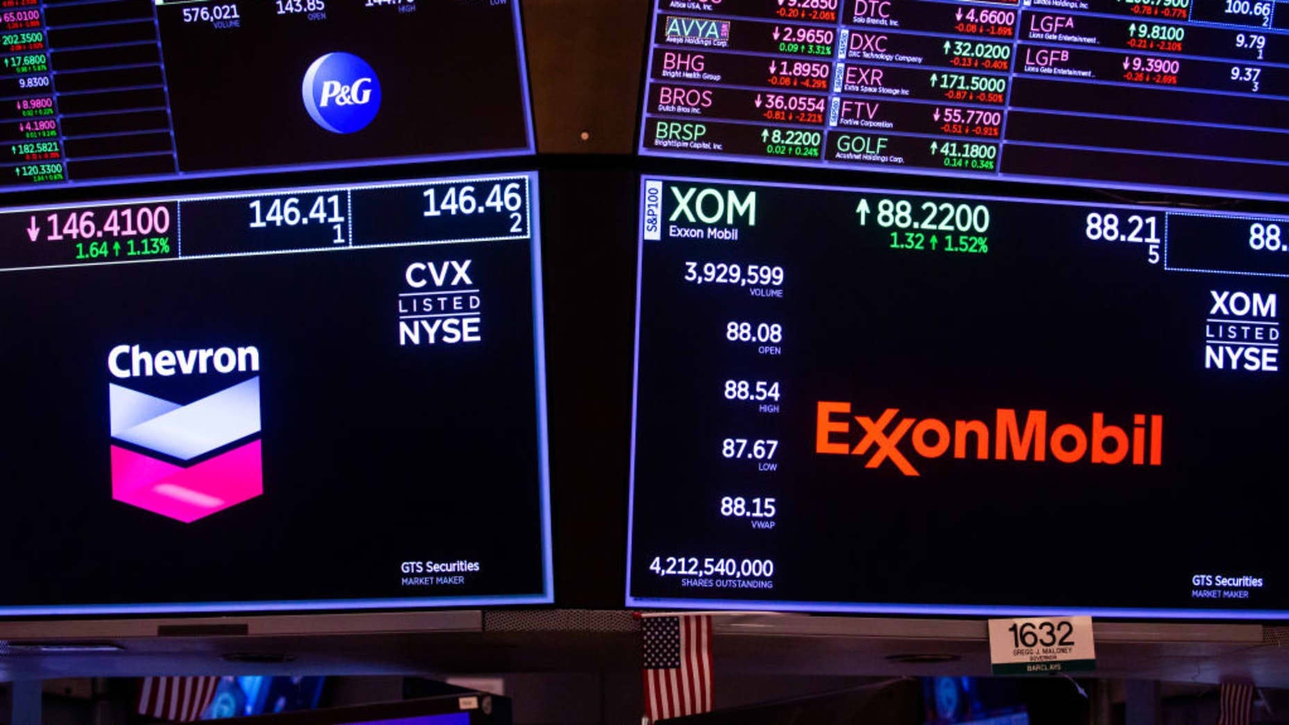 Chevron Corp. and Exxon Mobil Corp. signage on the floor of the New York Stock Exchange (NYSE) in New York, U.S., on Monday, June 27, 2022. Money managers betting on a sustained global rebound will be left sorely disappointed in the second half of this crushing year as a protracted bear market looms, even if inflation cools. Photographer: Michael Nagle/Bloomberg via Getty Images