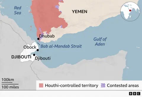 Regional map showing south west corner of Yemen across to Djibouti on the west side of the Bab al-Mandab Strait. It also shows the town of Obock in the north of Dijbouti